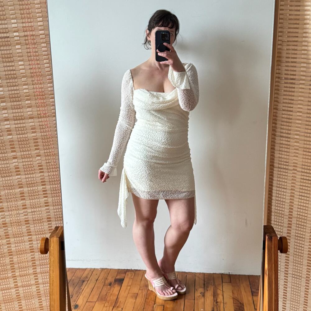 OH POLLY Embellished Ivory Beaded Bodycon Mini Dress